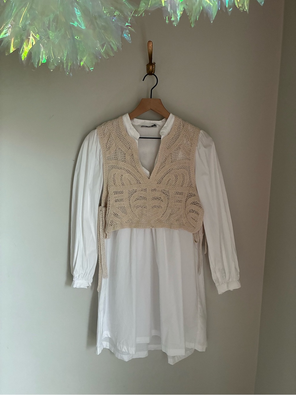 Zara Poplin Contrast Bohemian Crochet Vest Dress Size XS